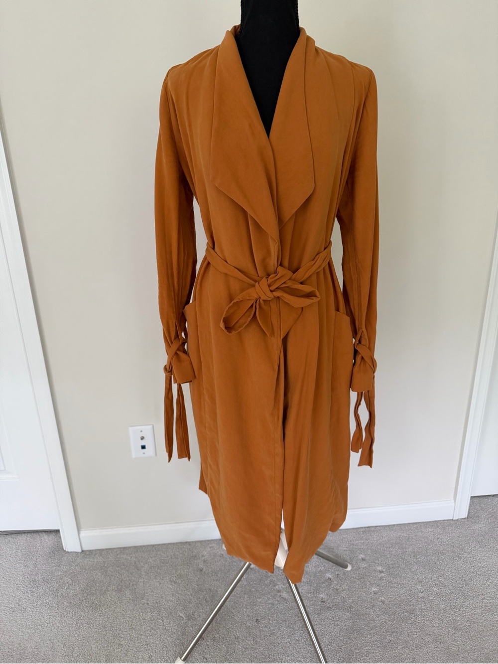 Express Camel Waterfall Cardigan Jacket Tie Waist Size S Elegant Chic - Picture 2 of 8